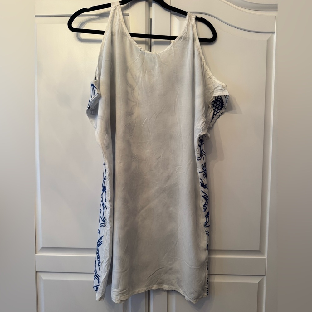 Solitaire Swim Tunic Top Womens White Blue Embroidered Beach Cover Sz L - Picture 2 of 9